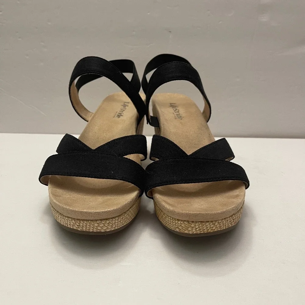 LifeStride Danita Black Wedge Sandals Elastic Straps Raffia Heel Womens‎ 9.5M